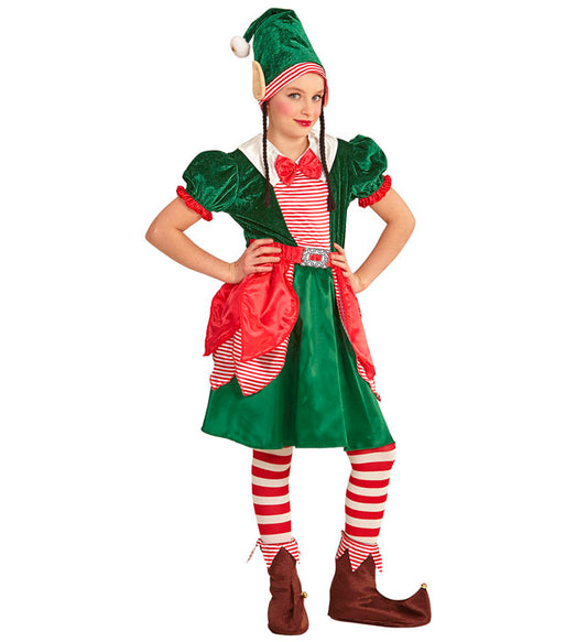Kinder-Elf-Kostüm mit rotem Kleid und grüner Mütze mit Ohren und Zöpfen