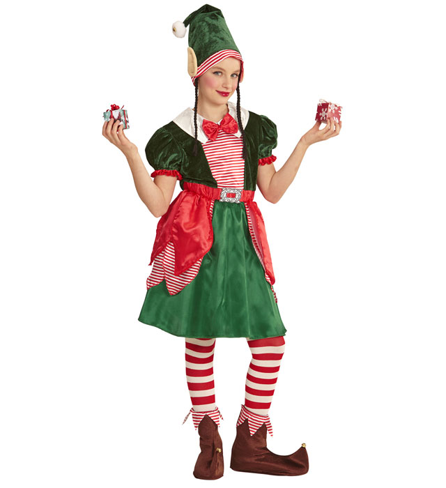 Kinder-Elf-Kostüm mit rotem Kleid und grüner Mütze mit Ohren und Zöpfen