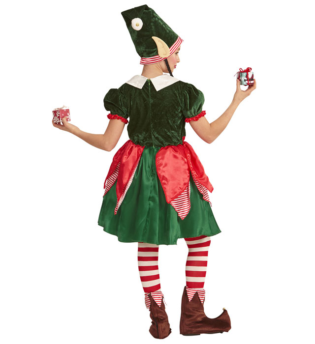Kinder-Elf-Kostüm mit rotem Kleid und grüner Mütze mit Ohren und Zöpfen