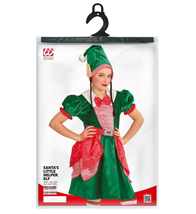 Kinder-Elf-Kostüm mit rotem Kleid und grüner Mütze mit Ohren und Zöpfen
