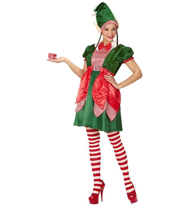 Elf-Kostüm mit grünem Kleid und Mütze mit Ohren und Zöpfen für Fasnacht