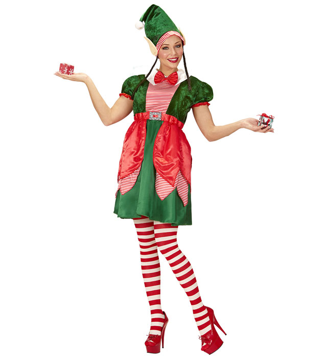 Elf-Kostüm mit grünem Kleid und Mütze mit Ohren und Zöpfen für Fasnacht