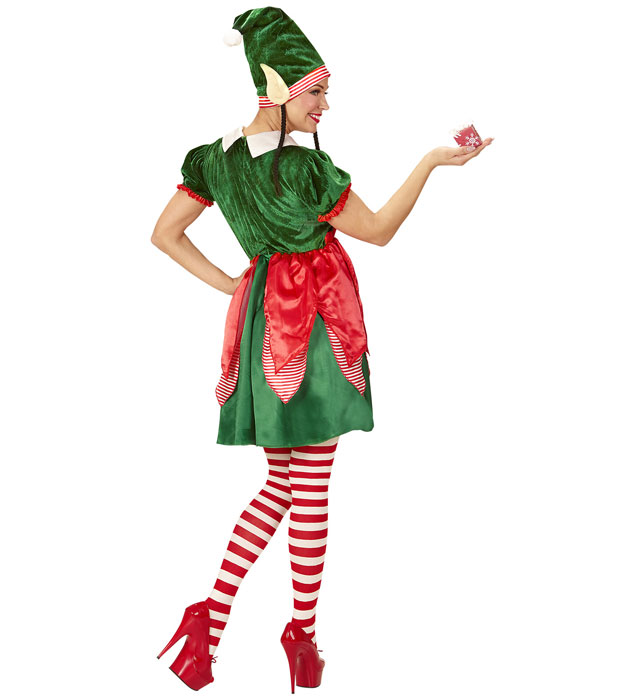 Elf-Kostüm mit grünem Kleid und Mütze mit Ohren und Zöpfen für Fasnacht