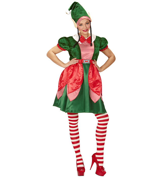 Elf-Kostüm mit grünem Kleid und Mütze mit Ohren und Zöpfen für Fasnacht