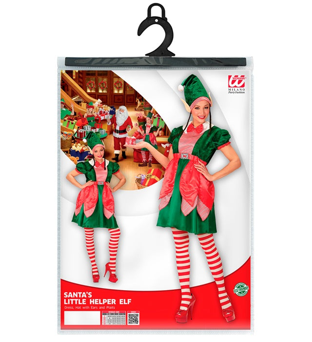 Elf-Kostüm mit grünem Kleid und Mütze mit Ohren und Zöpfen für Fasnacht