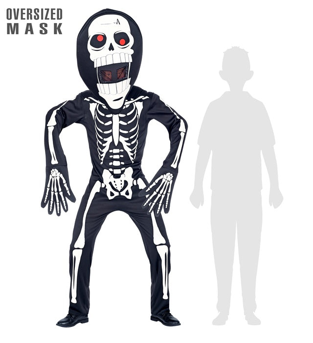 Skelett-Kostüm mit schwarzem Overall und großer Skelett-Maske für Fasnacht