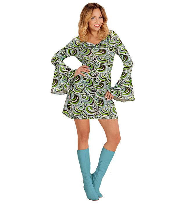 THE 70s GROOVY STYLE Kleid mit buntem Wellenmuster im 70er Jahre Stil