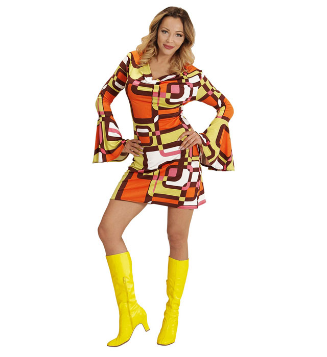 Farbintensives 70er Jahre Retro-Kleid mit Tubes-Muster für Fasnacht und Karneval