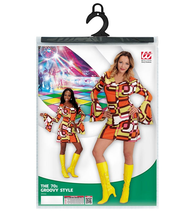 Farbintensives 70er Jahre Retro-Kleid mit Tubes-Muster für Fasnacht und Karneval