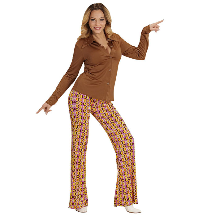 Braune 70er Jahre Groovy Style Bluse im Retro-Design für Fasnacht und Mottoparty