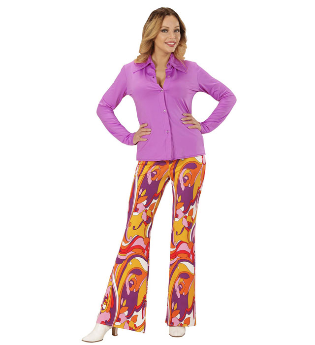 Violette 70er Jahre Bluse im Groovy Style für Fasnacht und Mottoparty