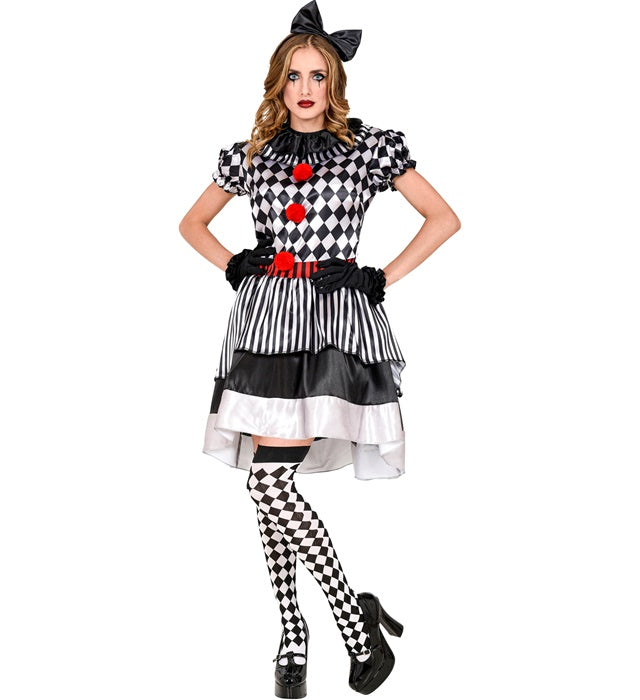 Retro Clown Kostüm mit Clownkragen, Haarschleife und Handschuhen