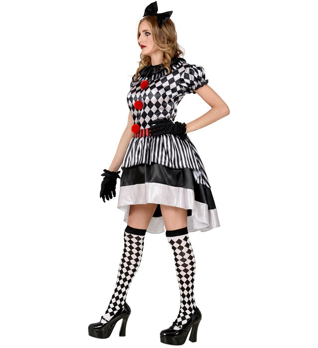Retro Clown Kostüm mit Clownkragen, Haarschleife und Handschuhen