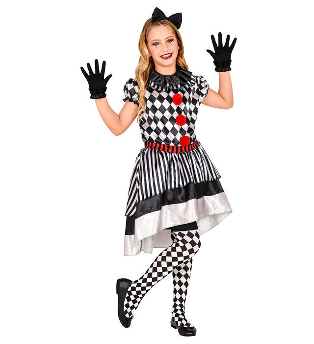 Retro Clown Kostüm mit Clownkragen, Haarschleife und Handschuhen auf weißem Hintergrund