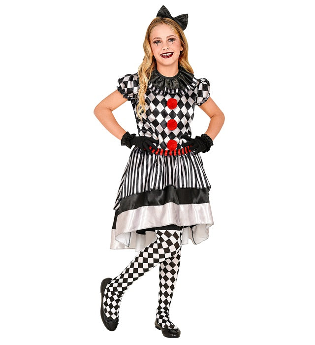 Retro Clown Kostüm mit Clownkragen, Haarschleife und Handschuhen auf weißem Hintergrund