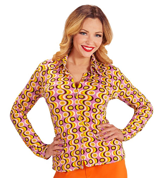 THE 70s GROOVY STYLE Bluse mit buntem Disc-Muster im 70er Jahre Stil
