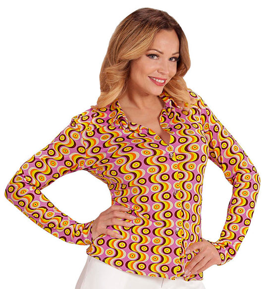 THE 70s GROOVY STYLE Bluse mit buntem Disc-Muster im 70er Jahre Stil
