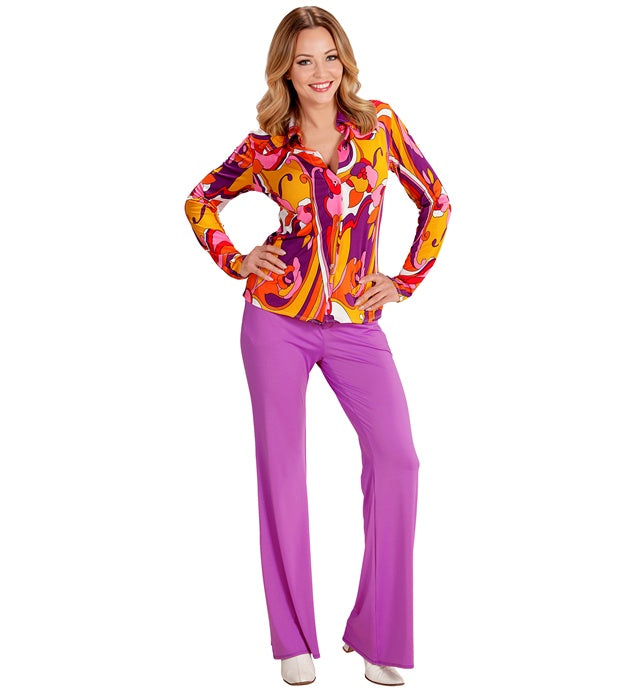 Orchideenfarbene 70er Jahre Bluse mit Retro-Muster für Fasnacht und Mottoparty