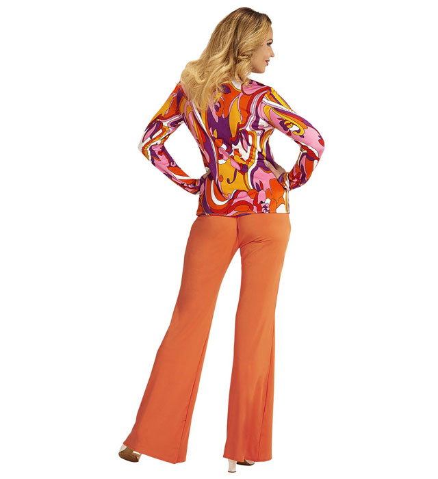 Orchideenfarbene 70er Jahre Bluse mit Retro-Muster für Fasnacht und Mottoparty