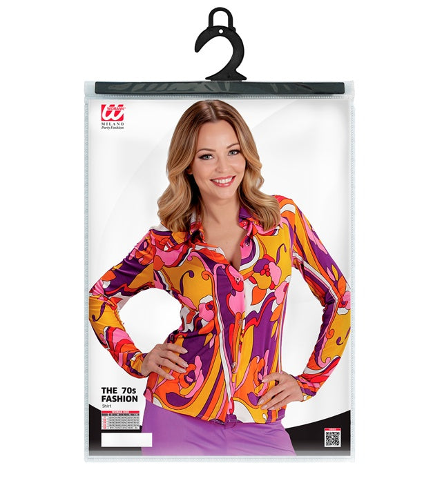 Orchideenfarbene 70er Jahre Bluse mit Retro-Muster für Fasnacht und Mottoparty