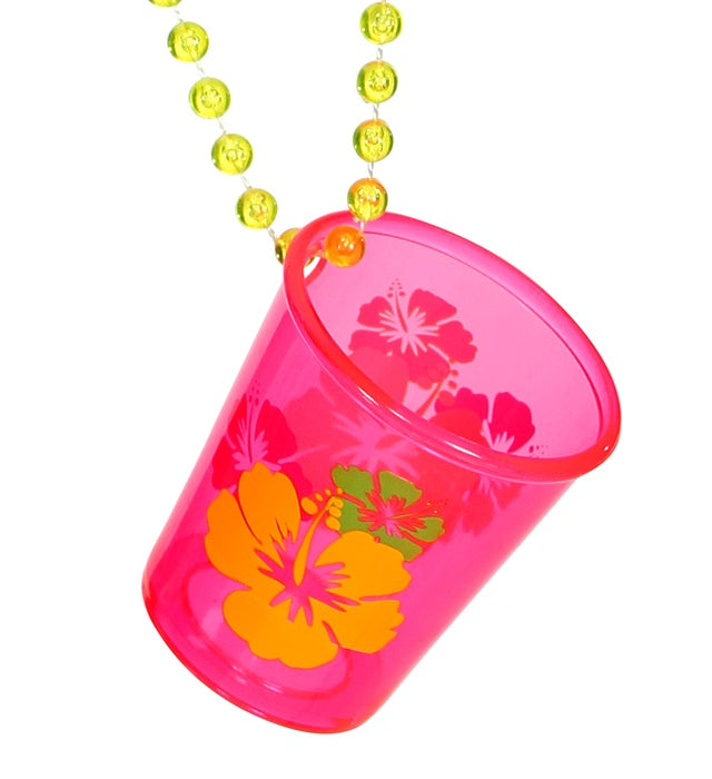 Neon pinke Schnapsglaskette mit Hibiskusblüte als Partyzubehör