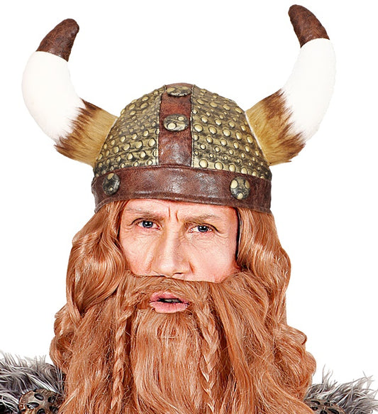 Vikinghelm mit braunem Kunstfell und Lederoptik auf Fasnacht