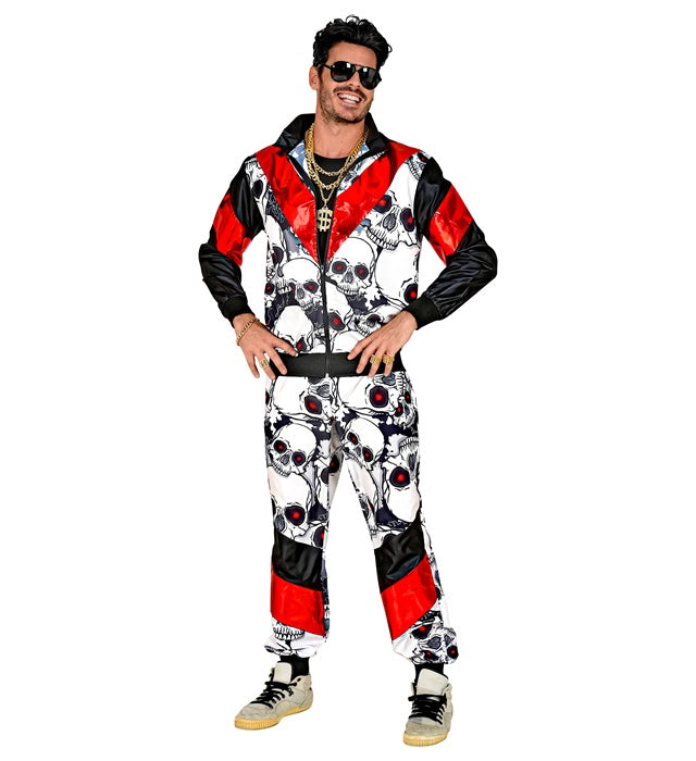 Schwarz-roter Trainingsanzug mit roten Totenköpfen für Fasnacht und Karneval