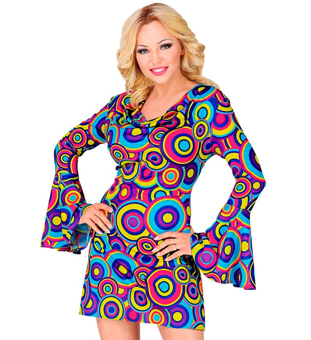THE 70s Groovy Style Kleid mit blauem Bubble-Muster für Fasnacht