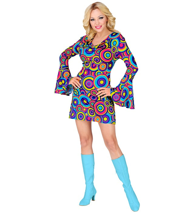 THE 70s Groovy Style Kleid mit blauem Bubble-Muster für Fasnacht