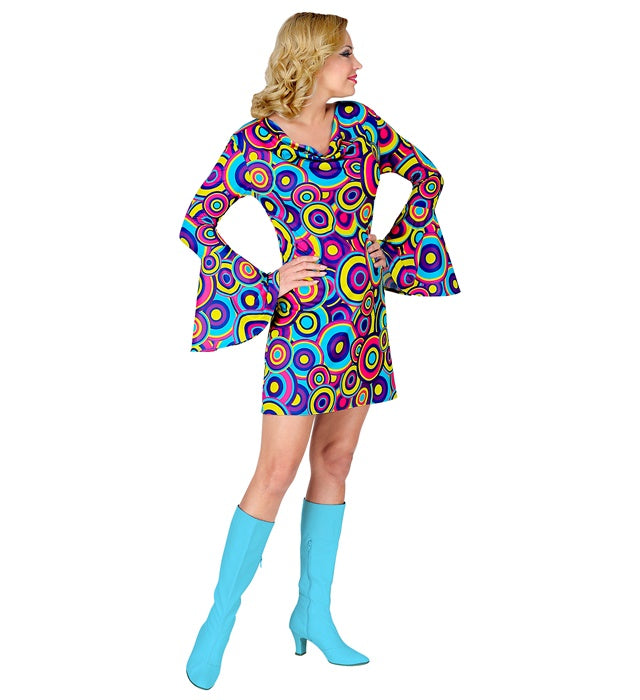 THE 70s Groovy Style Kleid mit blauem Bubble-Muster für Fasnacht