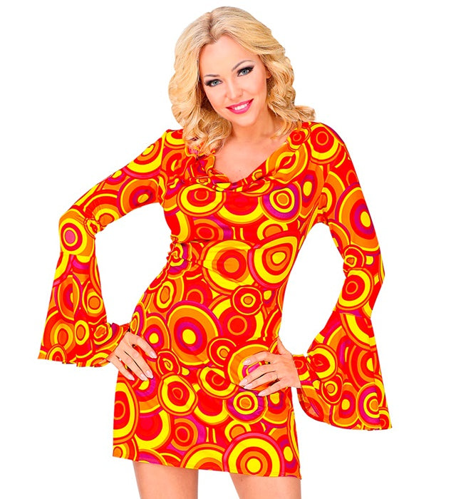 THE 70s GROOVY STYLE orangefarbenes Kleid mit Bubble-Muster im Retro-Look