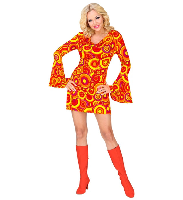 THE 70s GROOVY STYLE orangefarbenes Kleid mit Bubble-Muster im Retro-Look