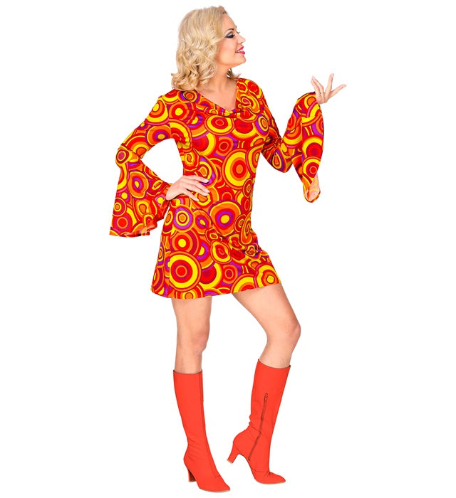 THE 70s GROOVY STYLE orangefarbenes Kleid mit Bubble-Muster im Retro-Look