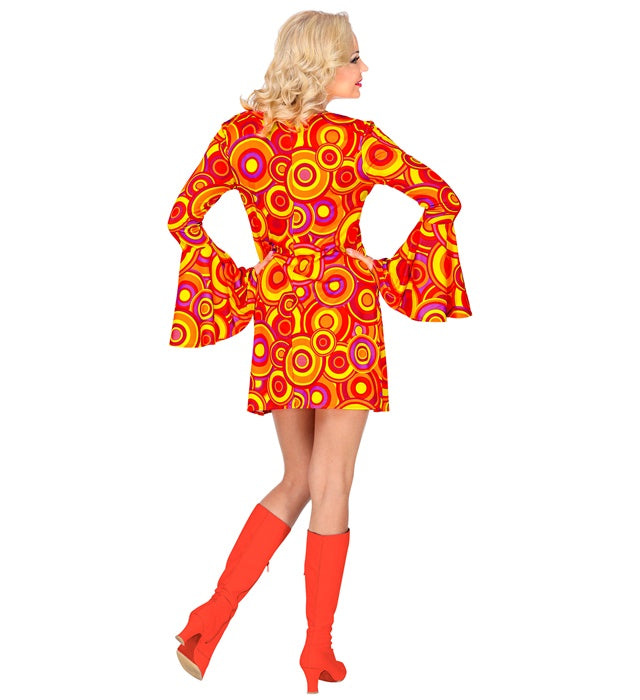 THE 70s GROOVY STYLE orangefarbenes Kleid mit Bubble-Muster im Retro-Look