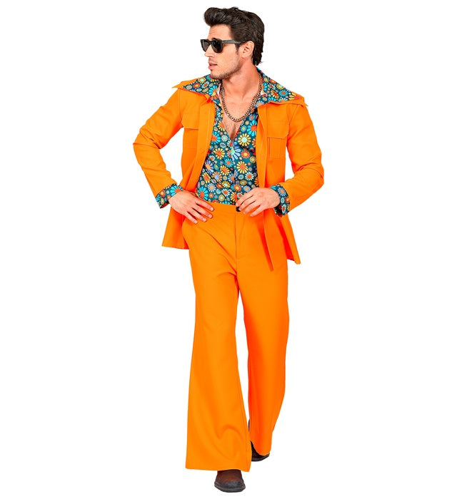 THE 70s DISCO STYLE orange Kostüm mit Jackett, Hemd und Hose im Retro-Design