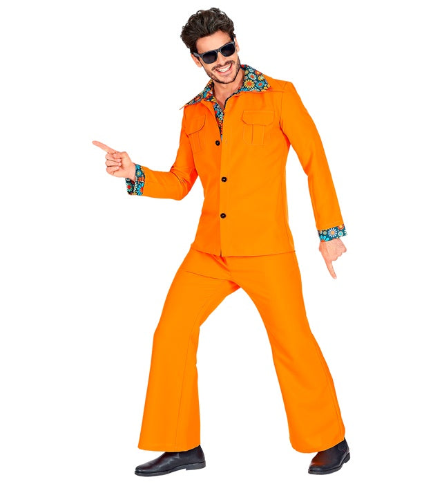THE 70s DISCO STYLE orange Kostüm mit Jackett, Hemd und Hose im Retro-Design