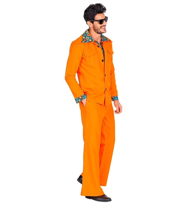 THE 70s DISCO STYLE orange Kostüm mit Jackett, Hemd und Hose im Retro-Design