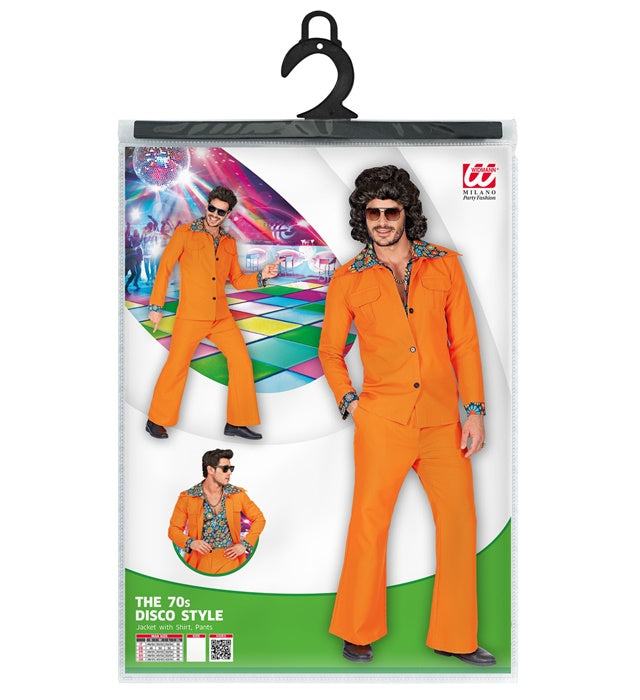 THE 70s DISCO STYLE orange Kostüm mit Jackett, Hemd und Hose im Retro-Design