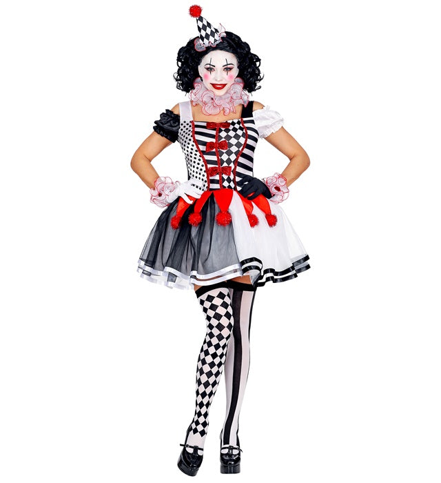Miss Harlekin Kostüm mit Kleid, Clownkragen, Manschetten und Minihut in Harlekin-Rautenmuster