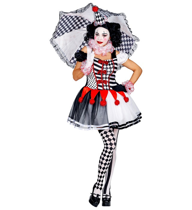 Miss Harlekin Kostüm mit Kleid, Clownkragen, Manschetten und Minihut in Harlekin-Rautenmuster