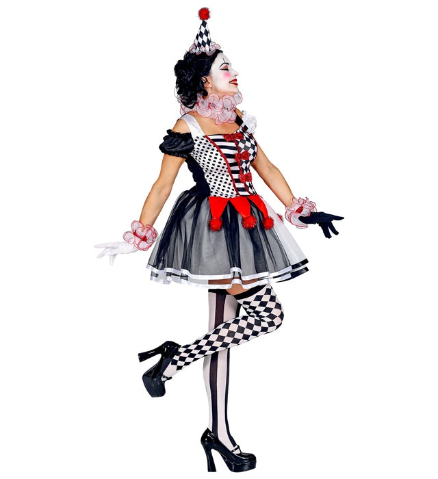 Miss Harlekin Kostüm mit Kleid, Clownkragen, Manschetten und Minihut in Harlekin-Rautenmuster
