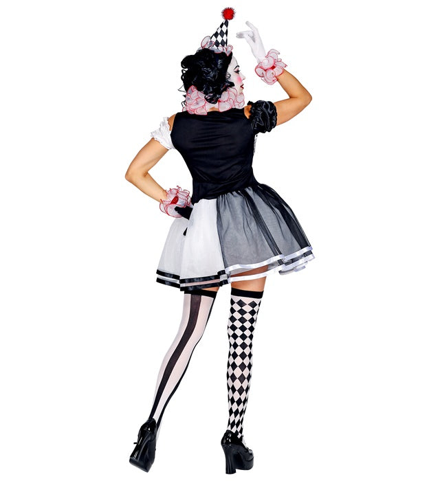 Miss Harlekin Kostüm mit Kleid, Clownkragen, Manschetten und Minihut in Harlekin-Rautenmuster