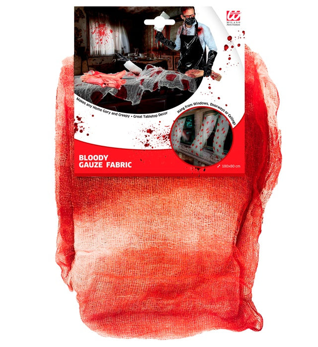 Blutiger Mullstoff 180x80 cm mit realistischen Blutflecken für Halloween-Deko