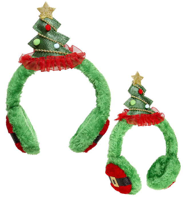 Ohrwärmer mit grünem Weihnachtsbaum Motiv auf weissem Hintergrund