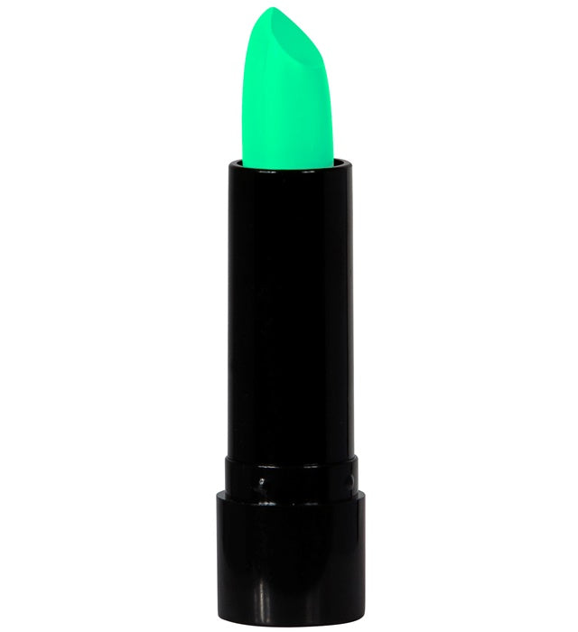Neon grüner Lippenstift auf weißem Hintergrund – leuchtendes Make-up Zubehör