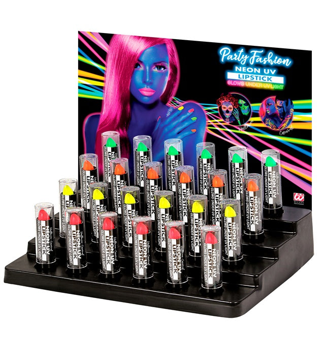 Set mit sechs Neon Lippenstiften in pink, gelb, grün und orange in Displaybox