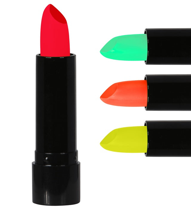 Set mit sechs Neon Lippenstiften in pink, gelb, grün und orange in Displaybox