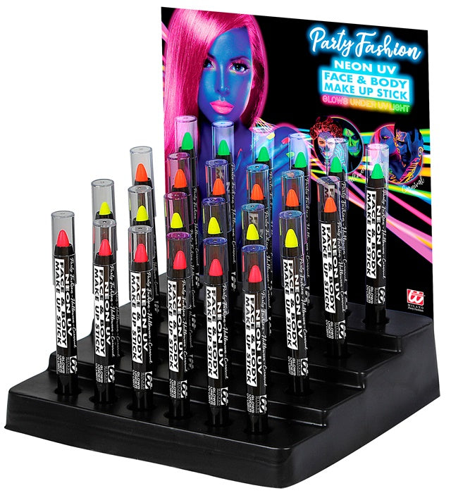 24 neon Schminkstifte in Neonrosa, Neongelb, Neongrün und Neonorange in Displaybox