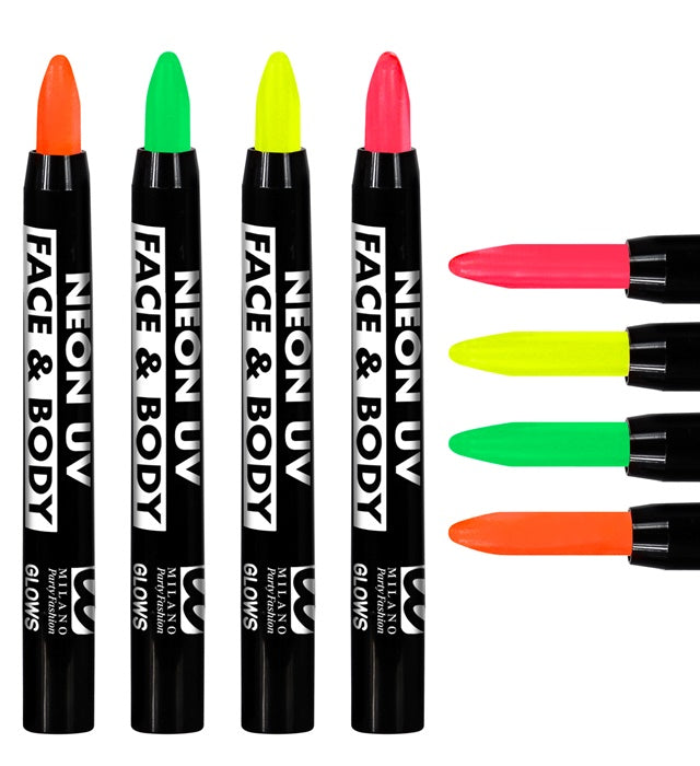 24 neon Schminkstifte in Neonrosa, Neongelb, Neongrün und Neonorange in Displaybox