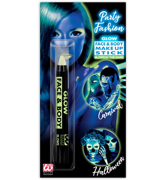 Leuchtende Aqua Schminkstifte mit Glow-in-the-Dark Effekt auf dunklem Hintergrund